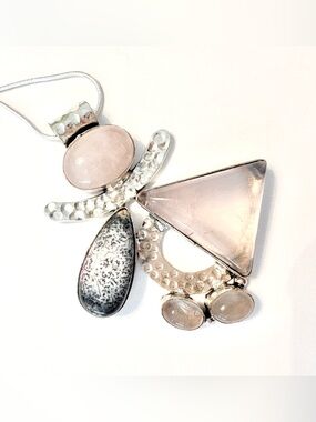 2 inch, 925 marked Dendrite Opal + Rose Quartz, Angel pendant on a silver chain